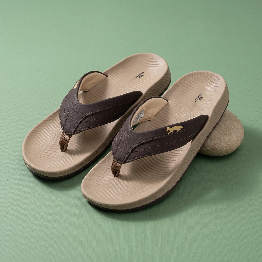 WINFOX Bounce Cushioned Flip Flops for Men — Beige / Brown