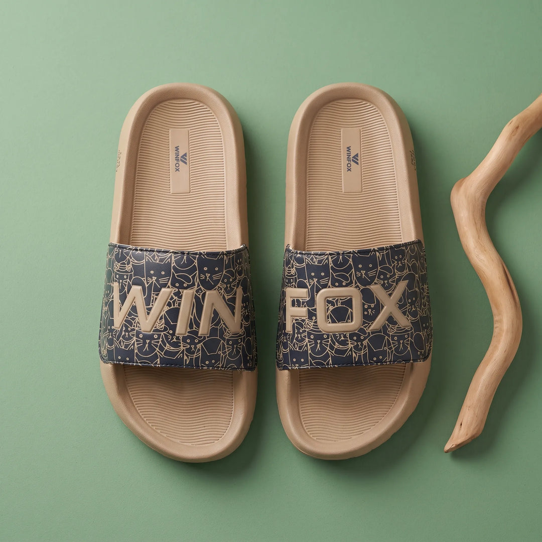 WINFOX Neoz Printed Slides for Men — Navy / Beige