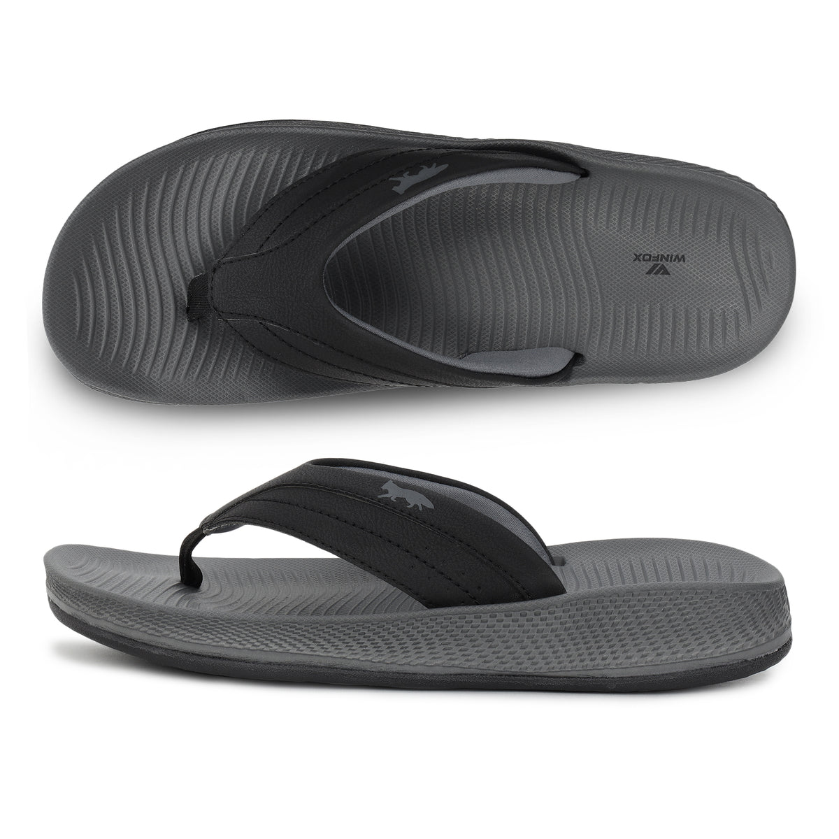 WINFOX Bounce Cushioned Flip Flops for Men — Dark Grey / Black