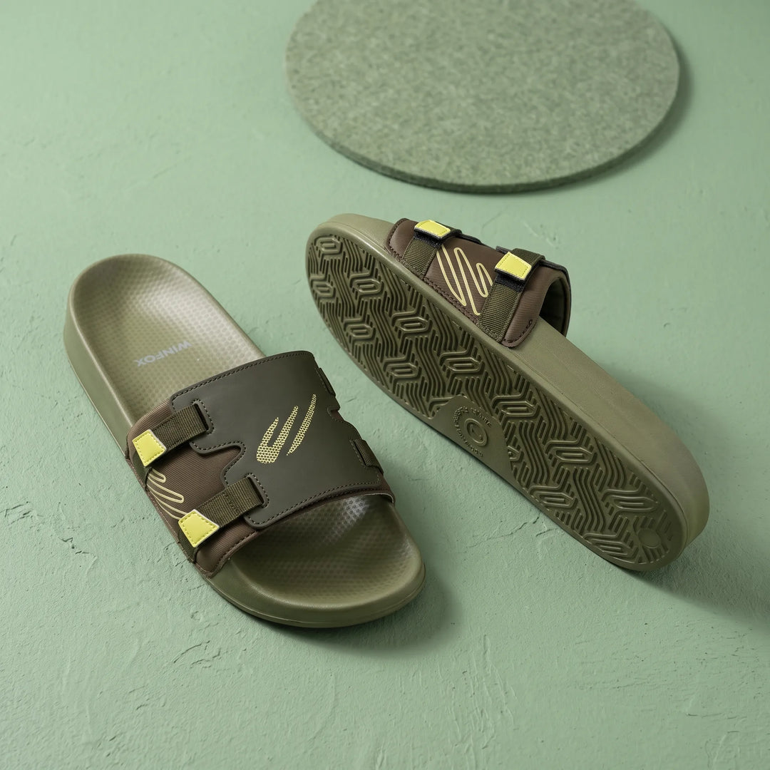 WINFOX Balance Cushioned Slides for Men — Olive / Lime