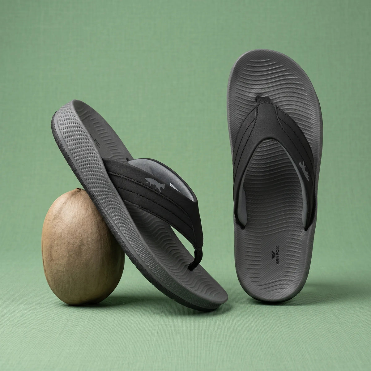WINFOX Bounce Cushioned Flip Flops for Men — Dark Grey / Black