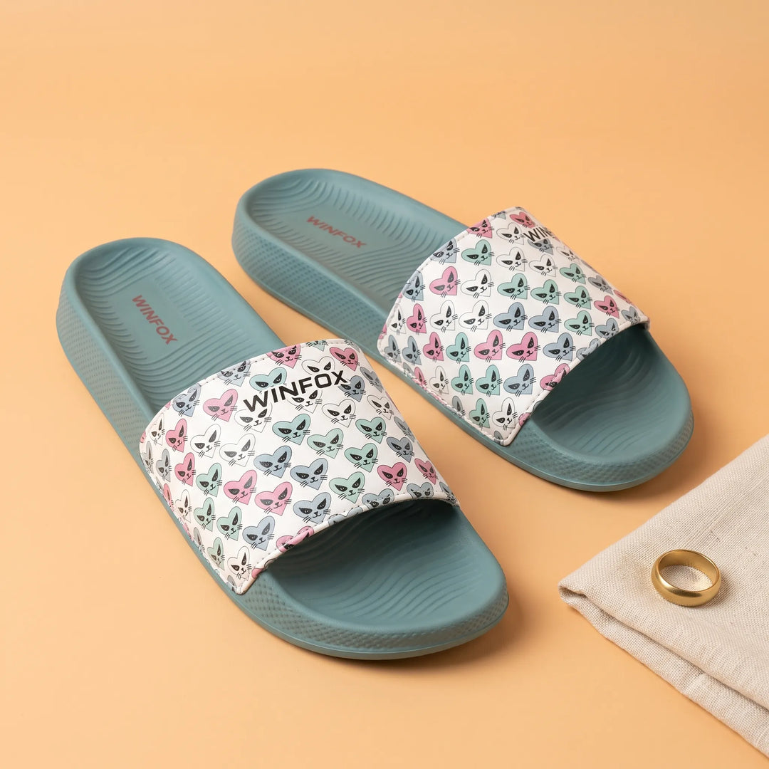 WINFOX Butterfly Printed Slides for Women — Sage Green