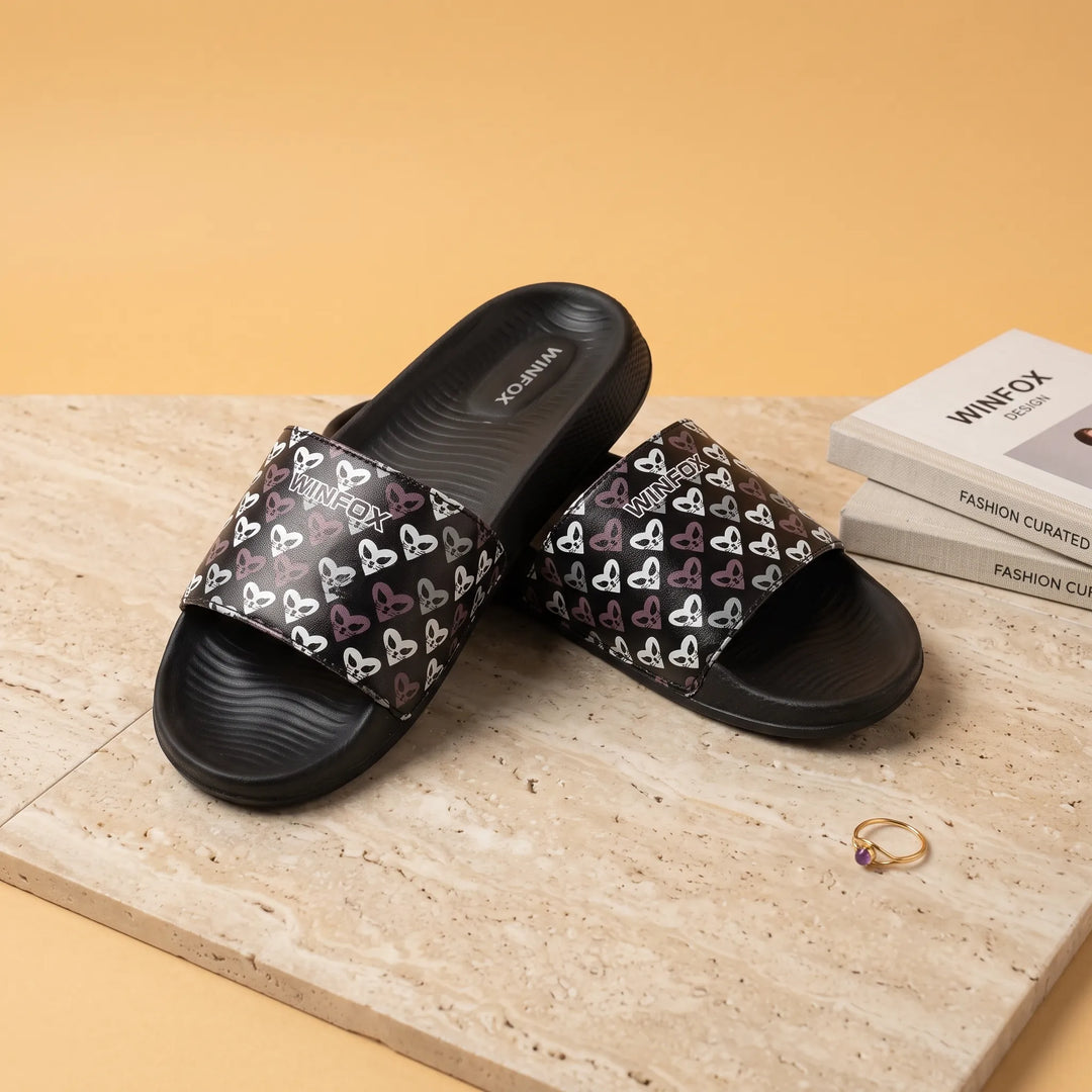 WINFOX Butterfly Printed Slides for Women — Black