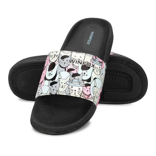 WINFOX Catty Printed Slides for Women — Black