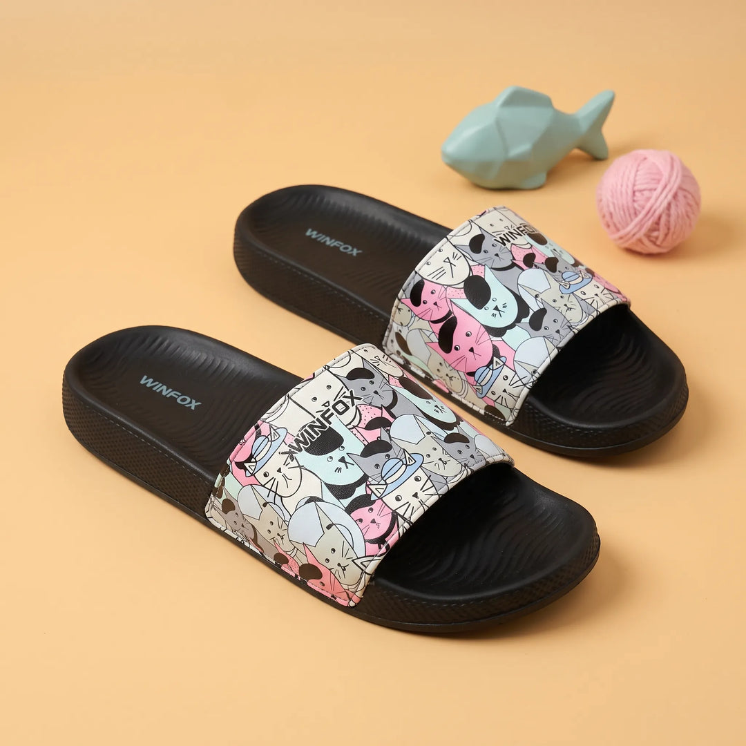 WINFOX Catty Printed Slides for Women — Black