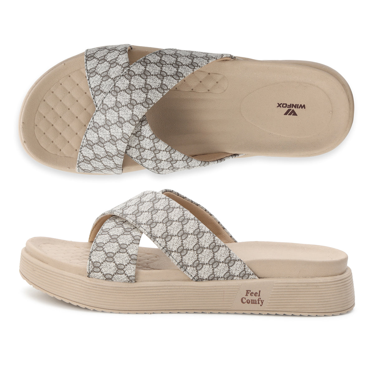 WINFOX Floura Crossed-Strap Platform Slides for Women — Beige