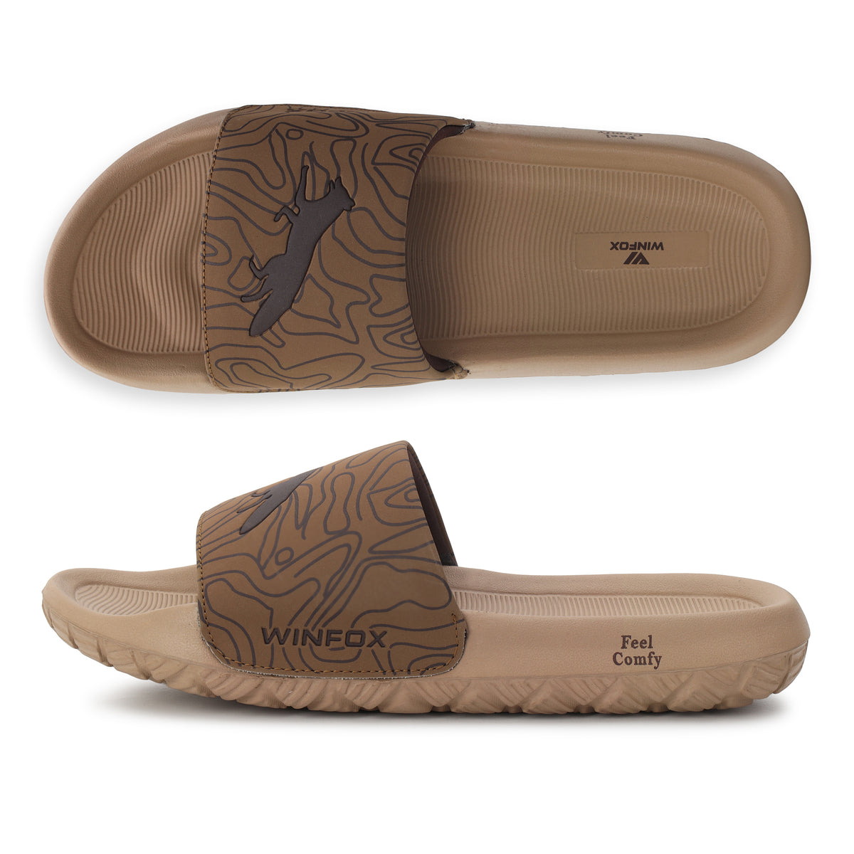 WINFOX Fox Printed Slides for Men — Chikoo / Tan