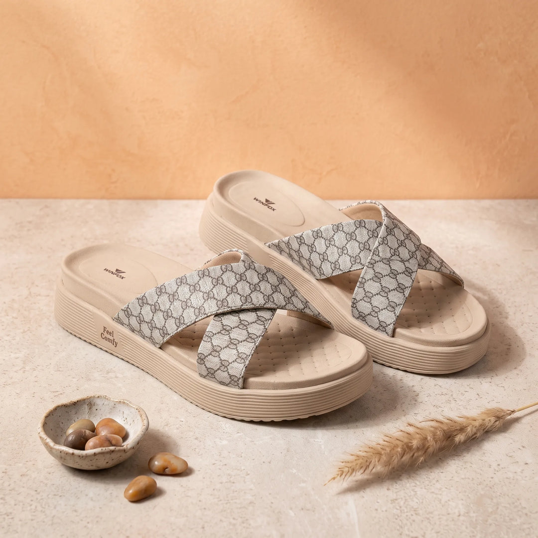 WINFOX Floura Crossed-Strap Platform Slides for Women — Beige