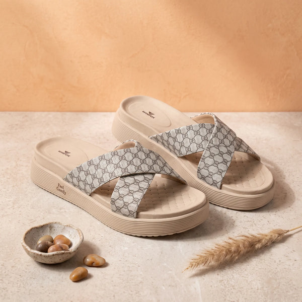 WINFOX Floura Crossed-Strap Platform Slides for Women — Beige