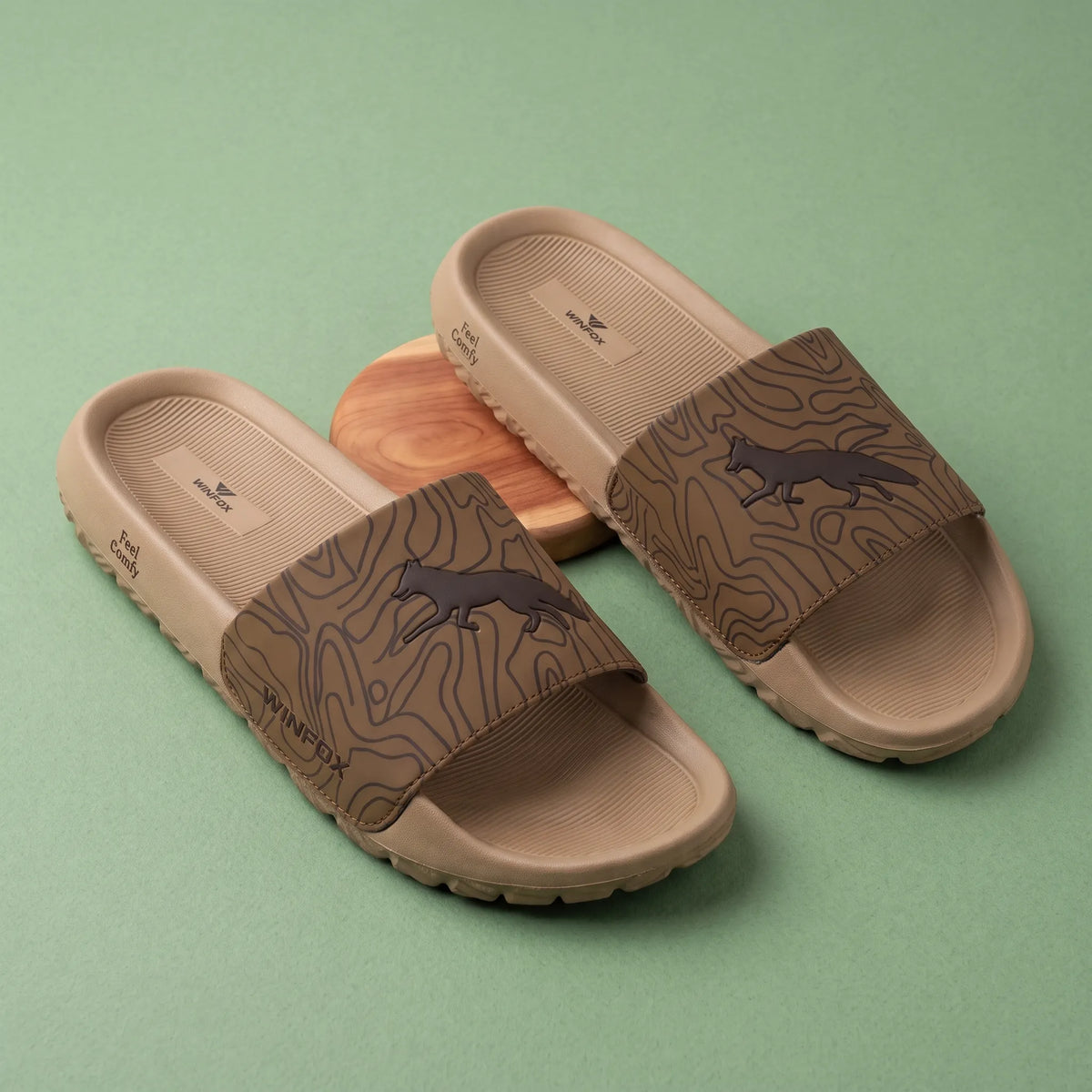 WINFOX Fox Printed Slides for Men — Chikoo / Tan
