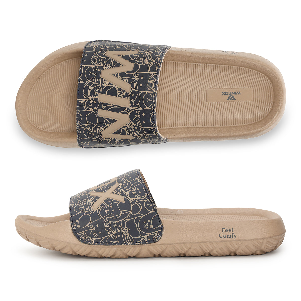 WINFOX Neoz Printed Slides for Men — Navy / Beige