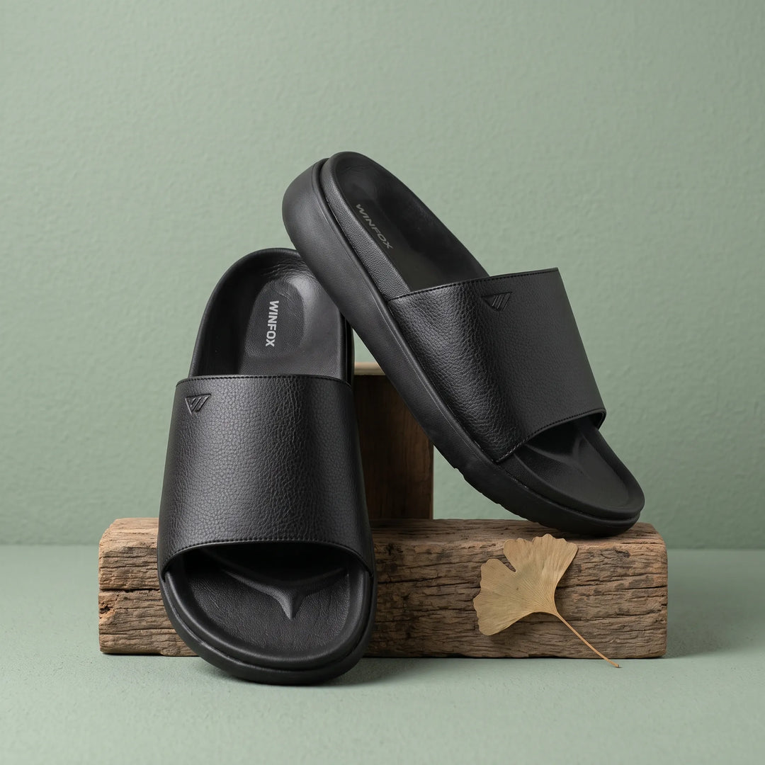 WINFOX Pure PU Slides for Men — Black