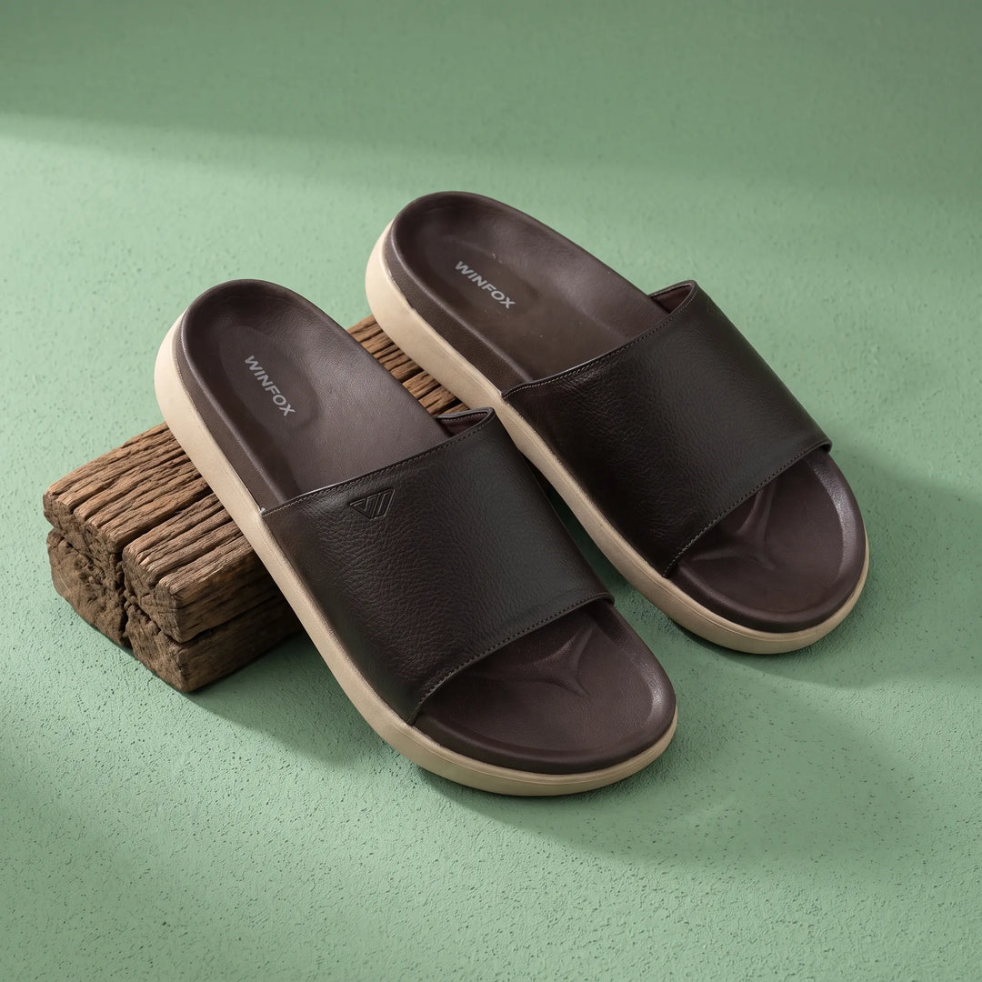 WINFOX Pure PU Slides for Men — Brown / Cream