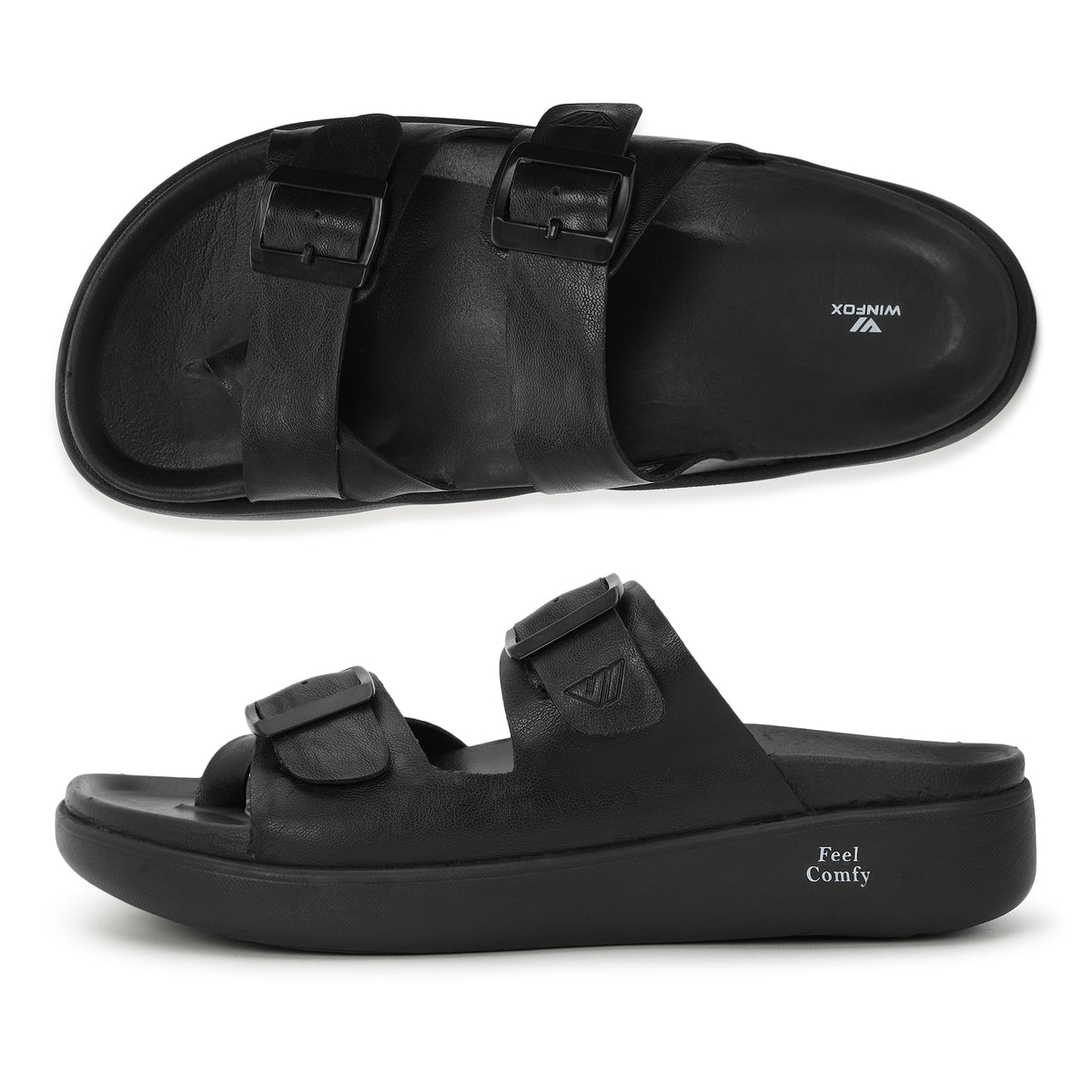 WINFOX Root Buckled Sandals for Men — Black