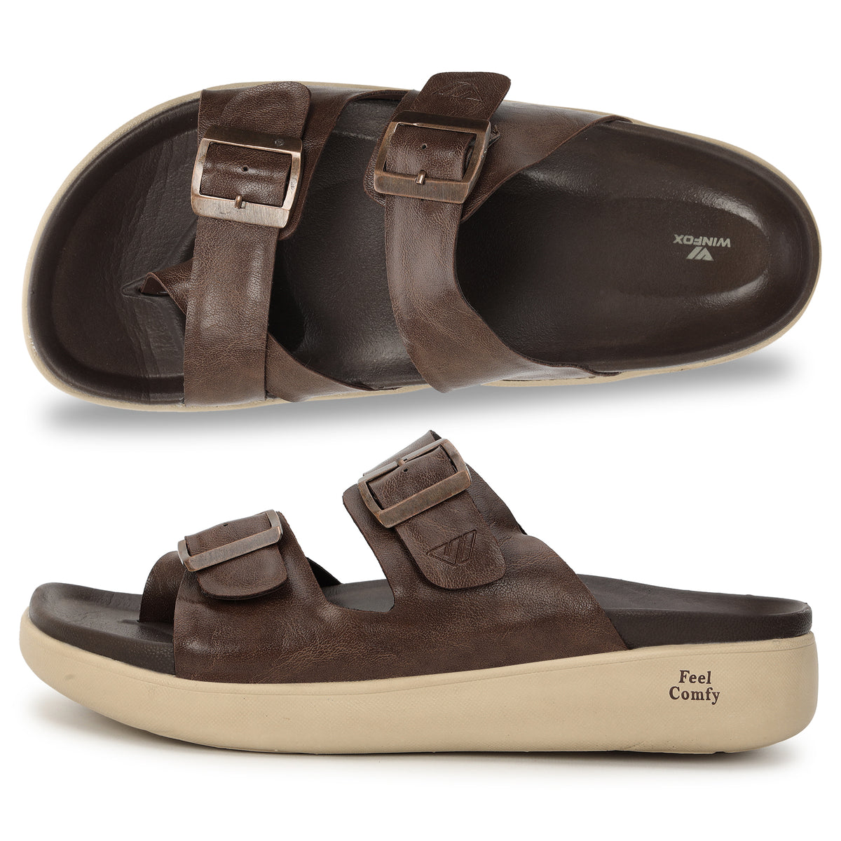 WINFOX Root Buckled Sandals for Men — Brown