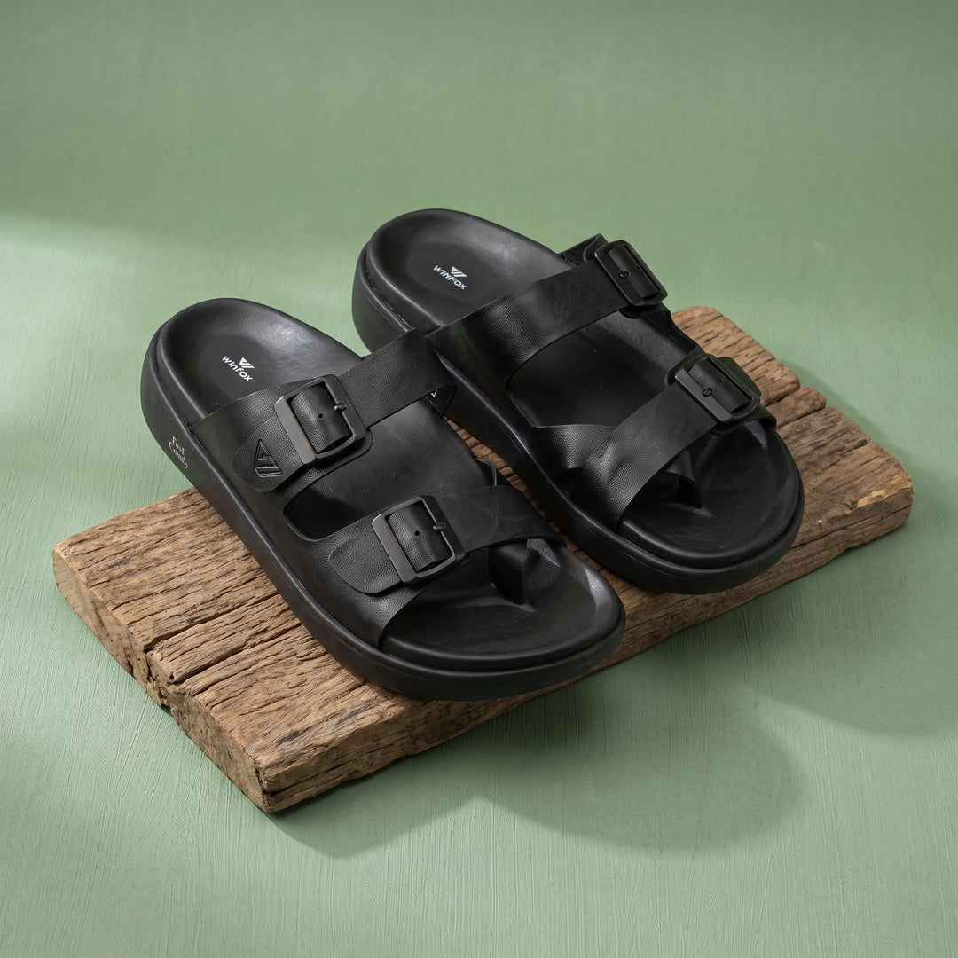 WINFOX Root Buckled Sandals for Men — Black