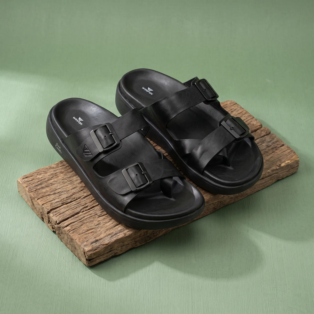WINFOX Root Buckled Sandals for Men — Black