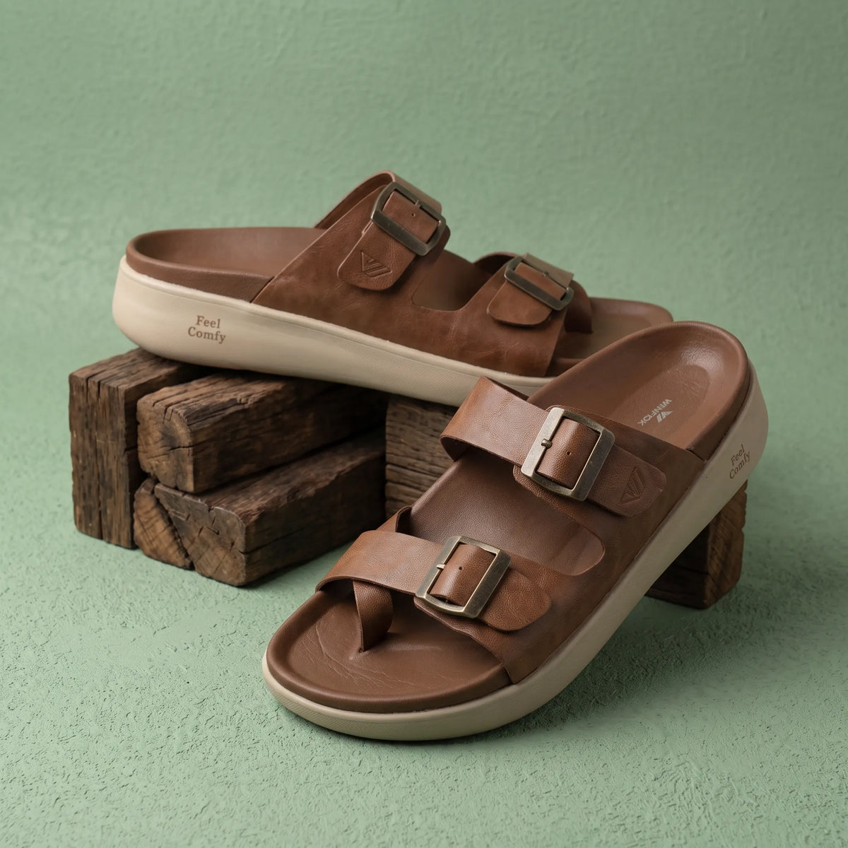 WINFOX Root Buckled Sandals for Men — Tan