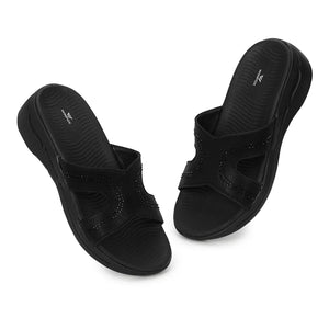 WINFOX Splash Embellished Cut-Out Slides for Women — Black