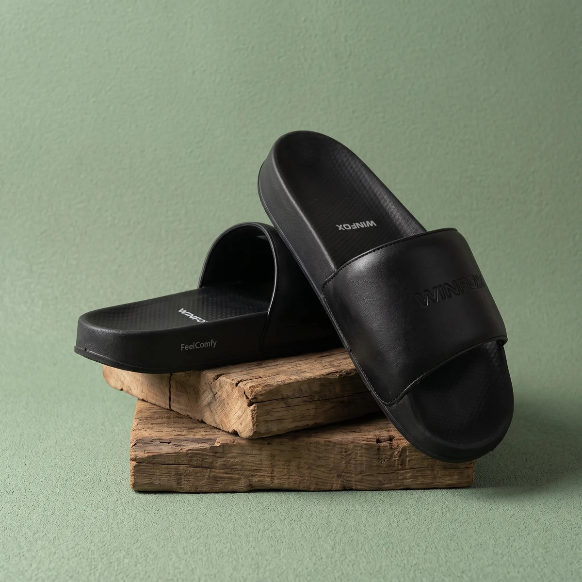 WINFOX Smooth Cushioned Slides for Men — Black