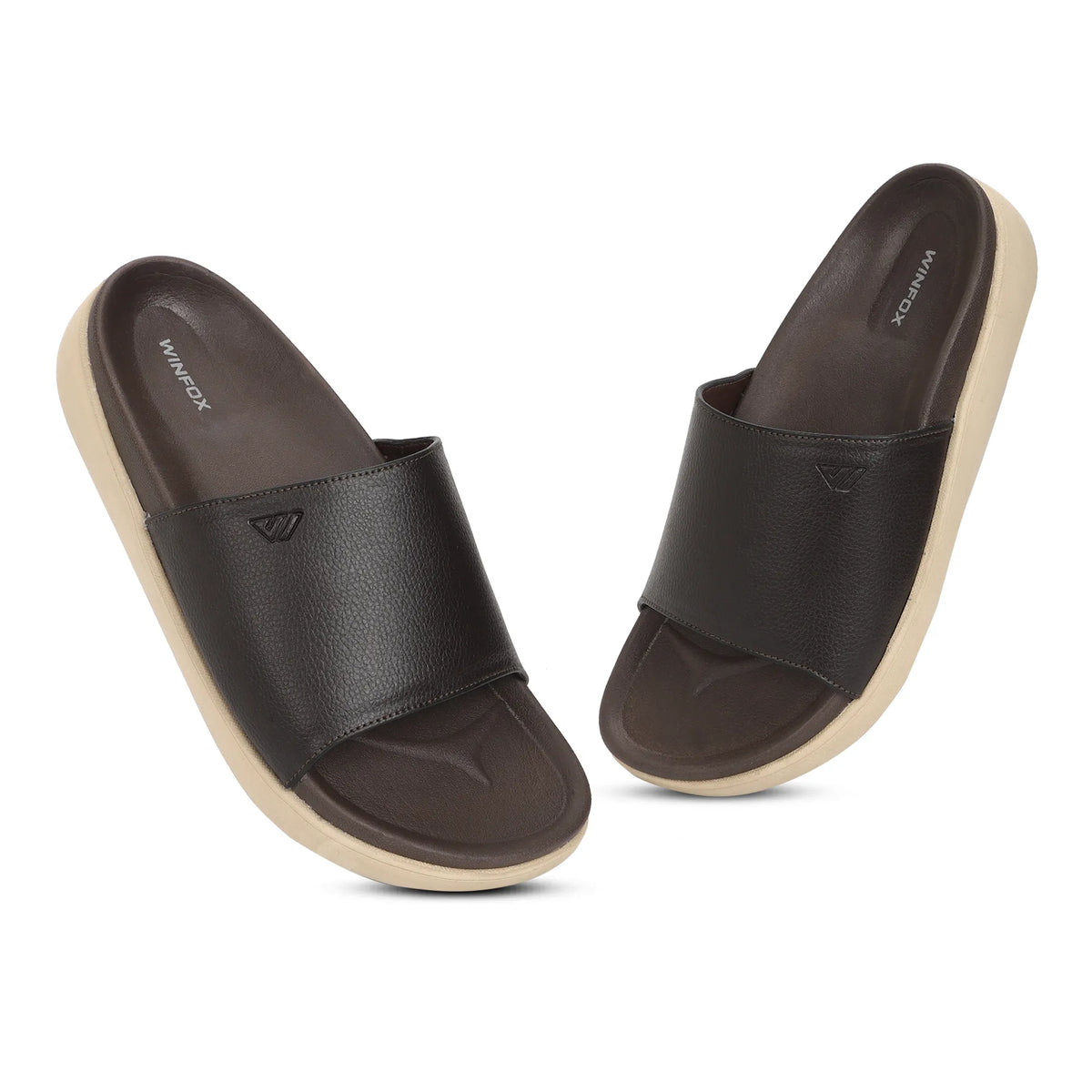WINFOX Pure PU Slides for Men — Brown / Cream