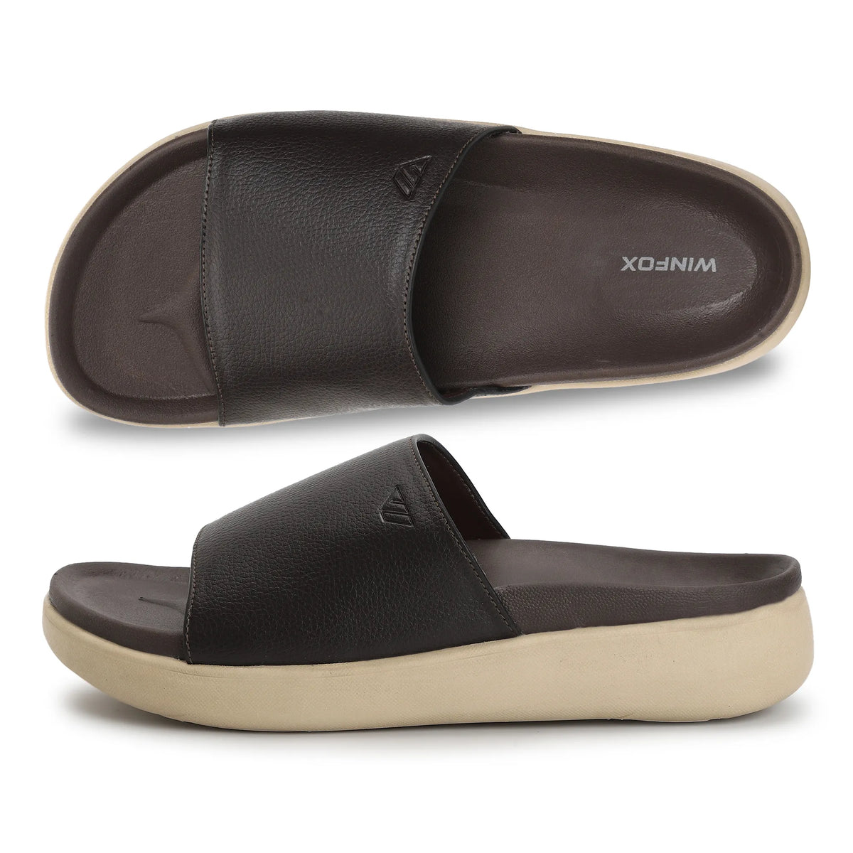 WINFOX Pure PU Slides for Men — Brown / Cream
