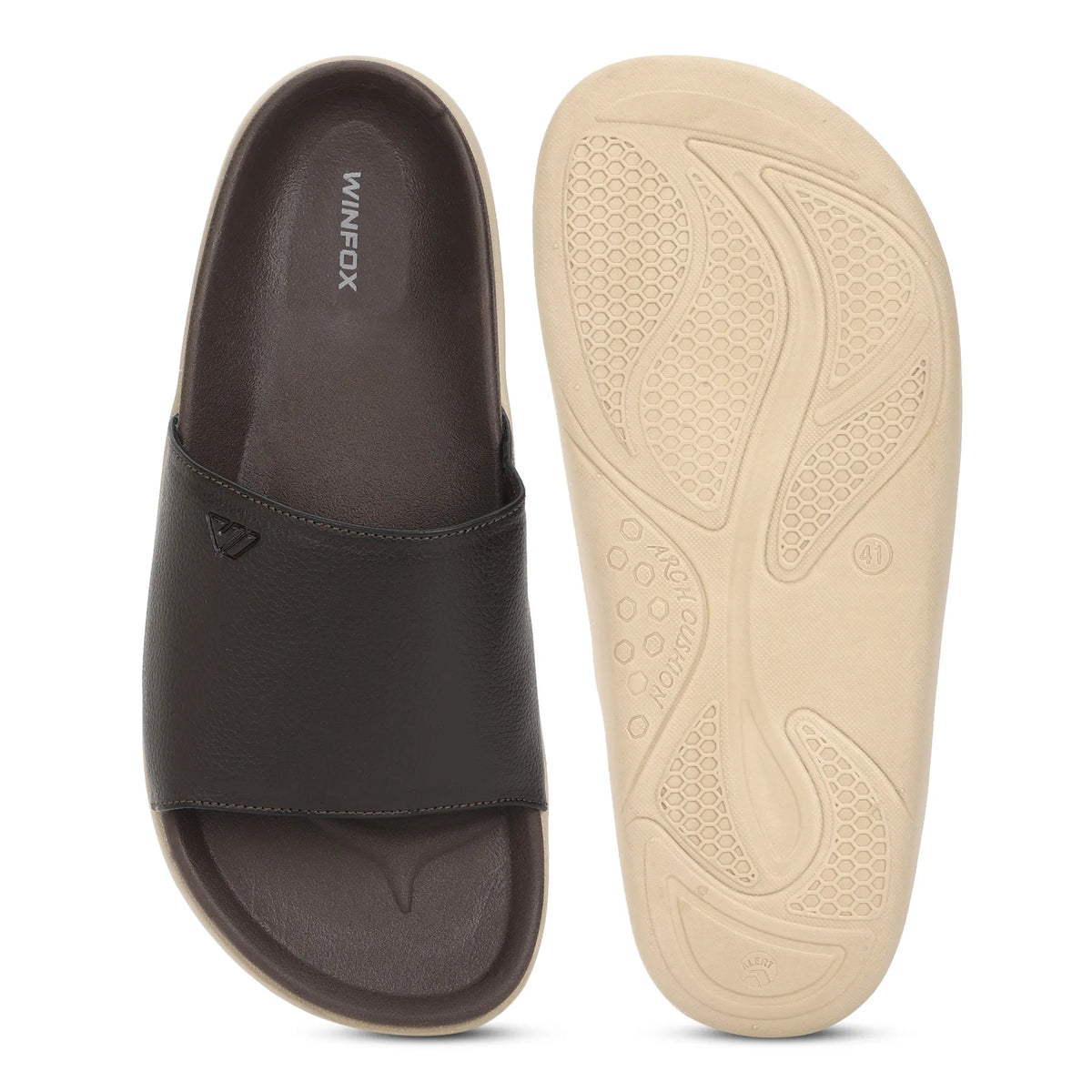 WINFOX Pure PU Slides for Men — Brown / Cream